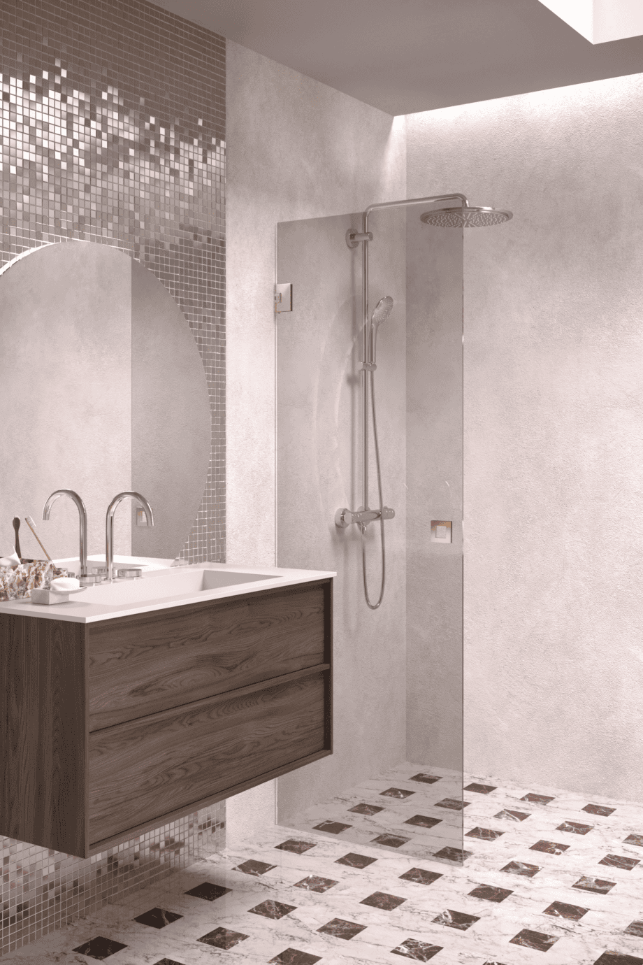 Hinged shower door Hietakari Vetro 512, brass fittings, grey tinted glass
