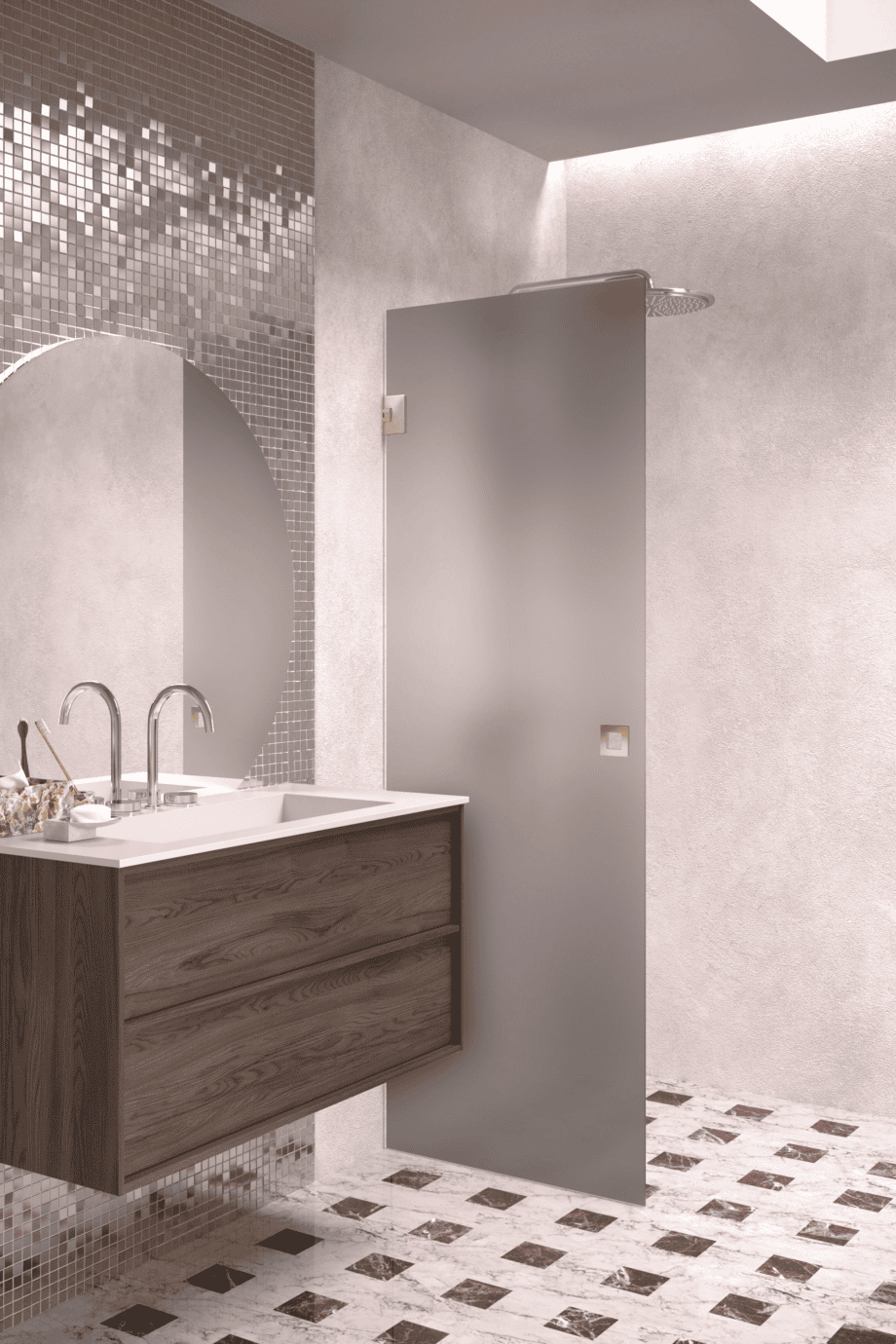 Hinged shower door Hietakari Vetro 512, brass fittings, grey satin glass