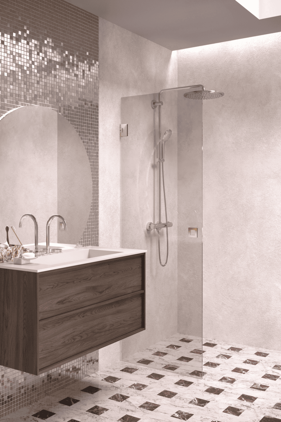 Hinged shower door Hietakari Vetro 512, brass fittings, bronze tinted glass