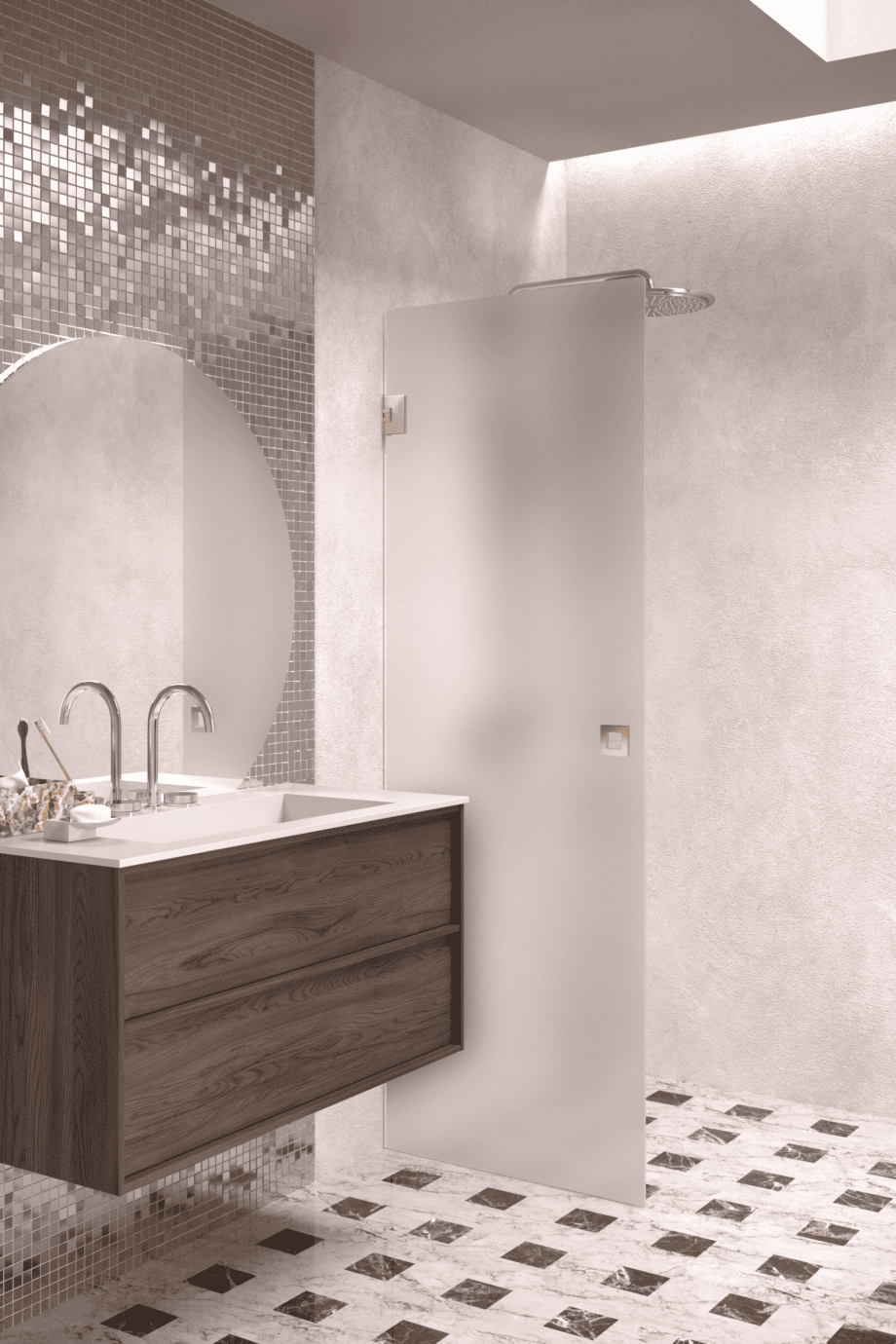 Hinged shower door Hietakari Vetro 512, brass fittings, satin frosted glass