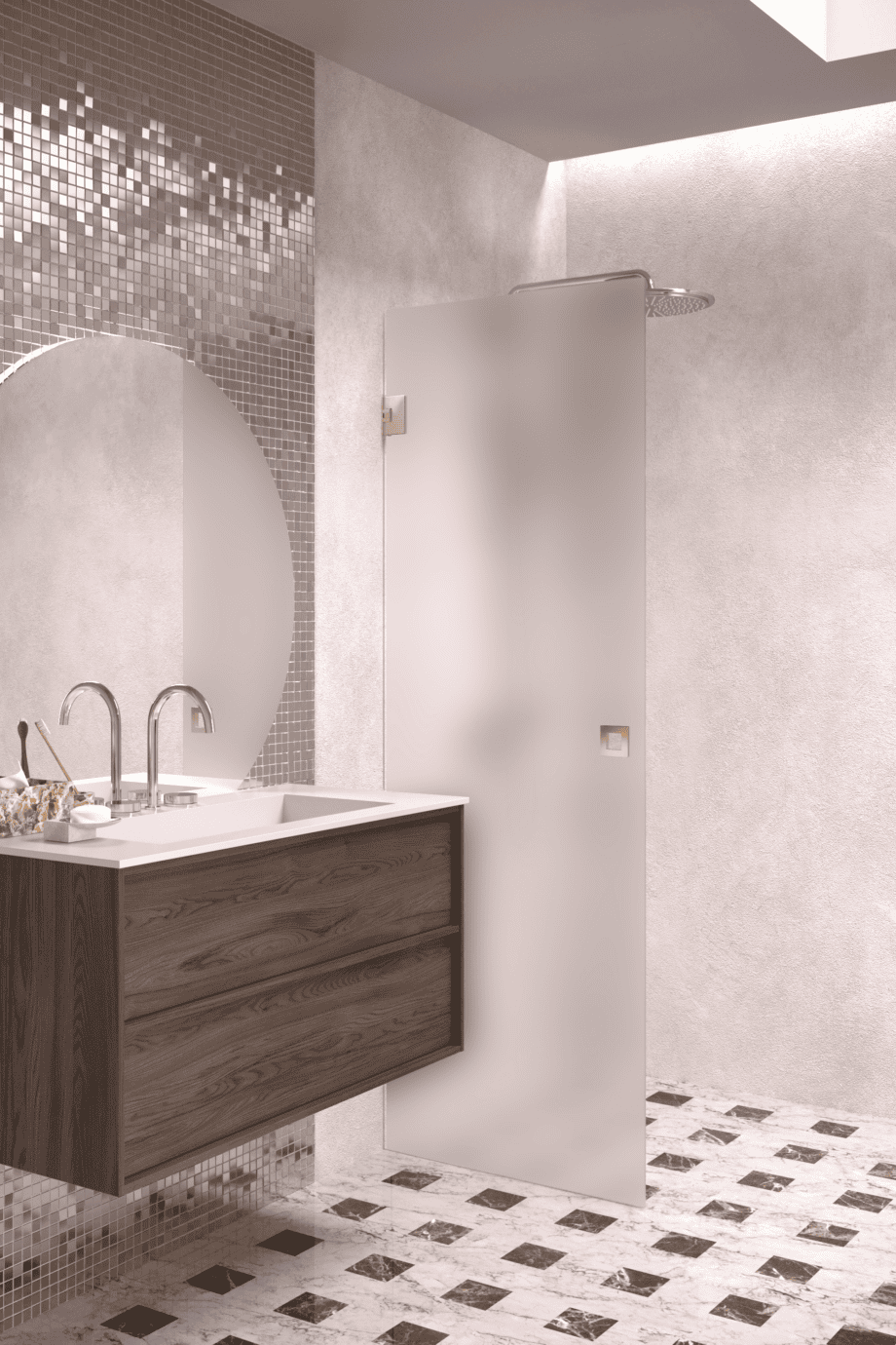Hinged shower door Hietakari Vetro 512, brass fittings, super bright satin glass