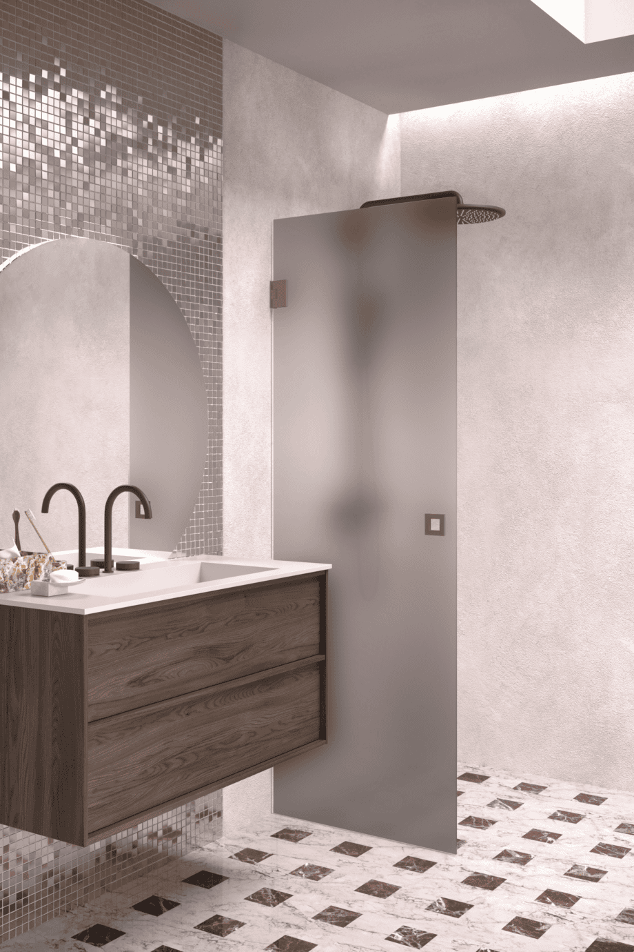 Hinged shower door Hietakari Vetro 512, Mocha fittings, grey satin glass