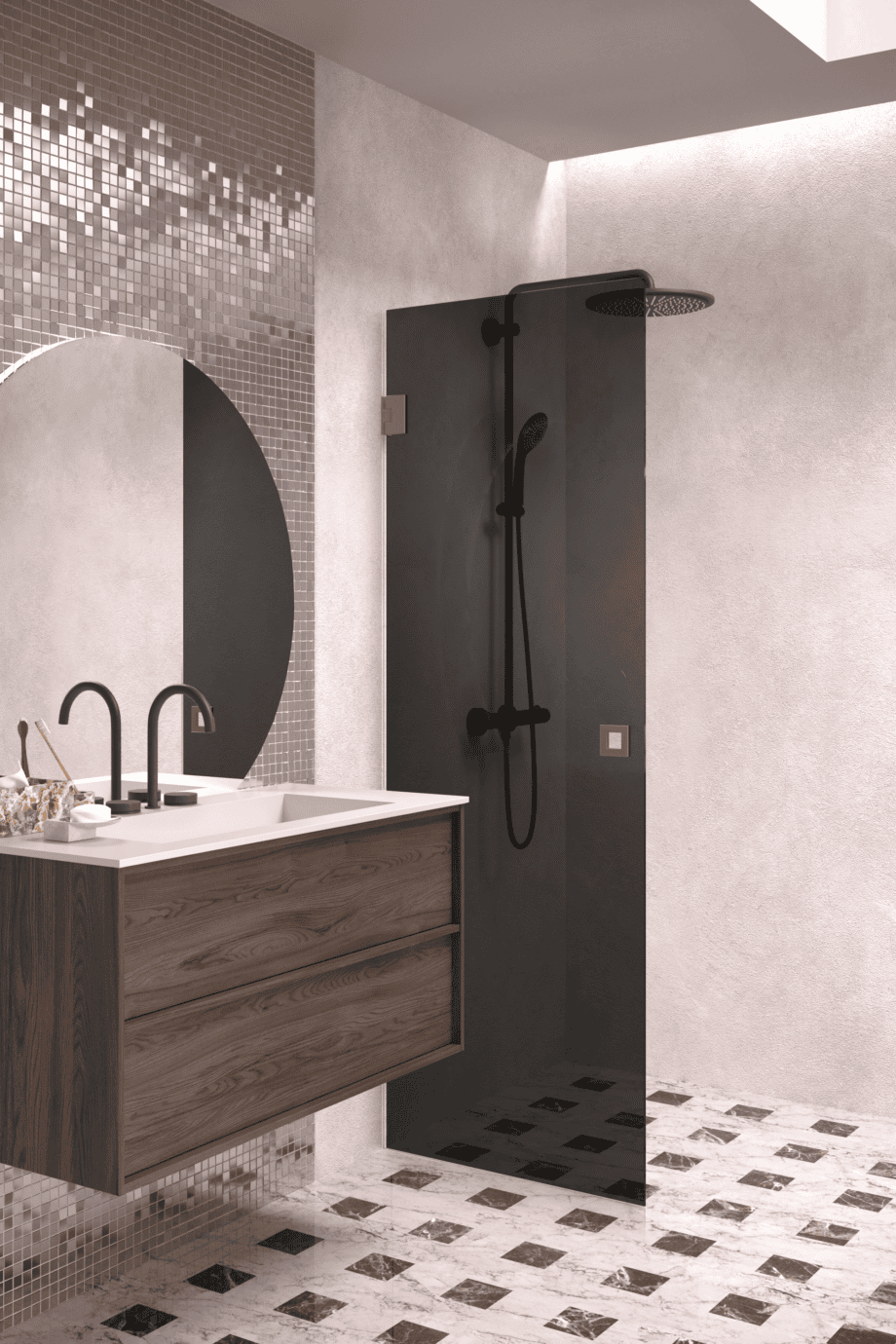 Hinged shower door Hietakari Vetro 512, Mocha fittings, black glass