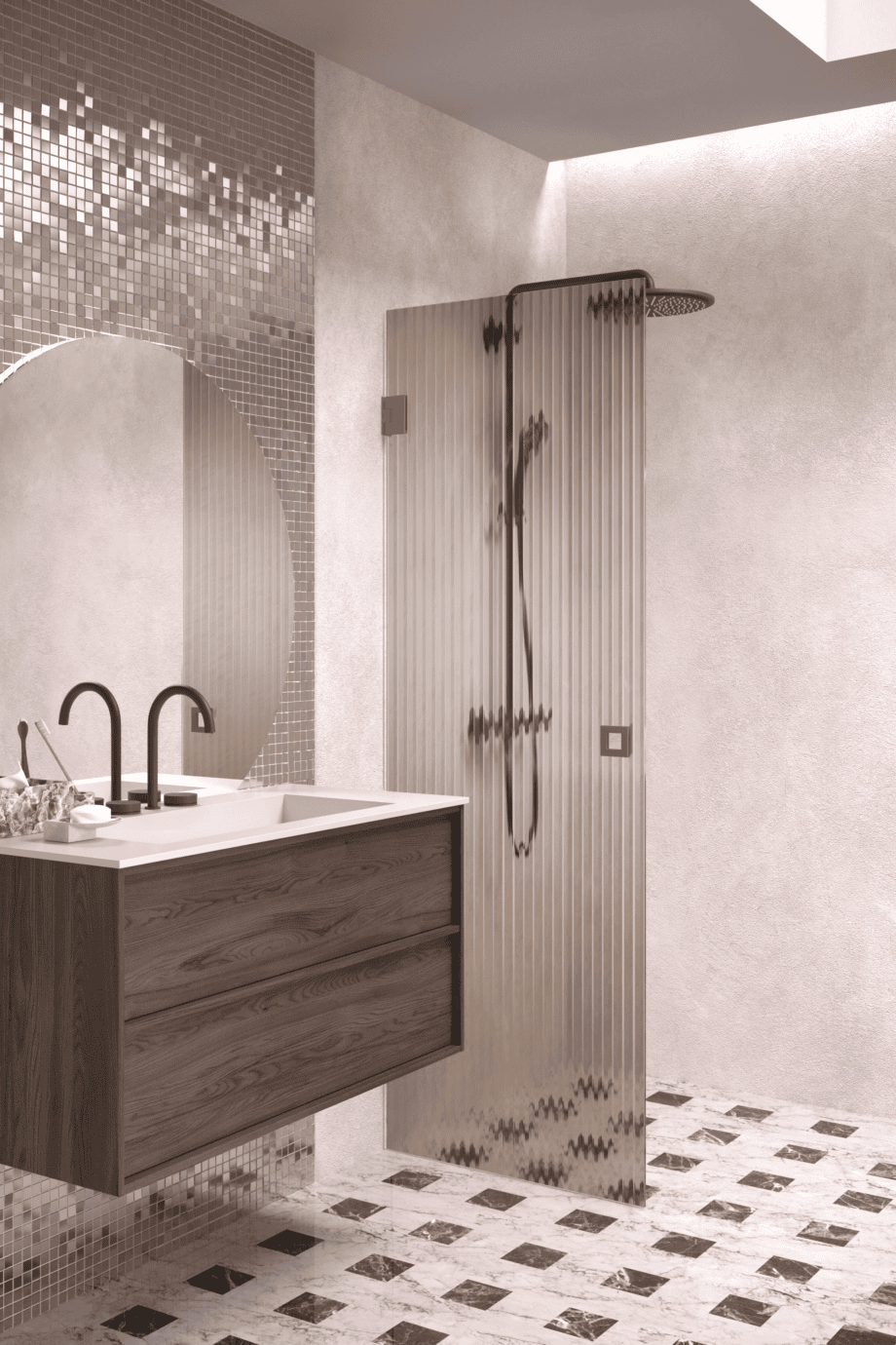 Hinged shower door Hietakari Vetro 512, Mocha fittings, brown reeded glass