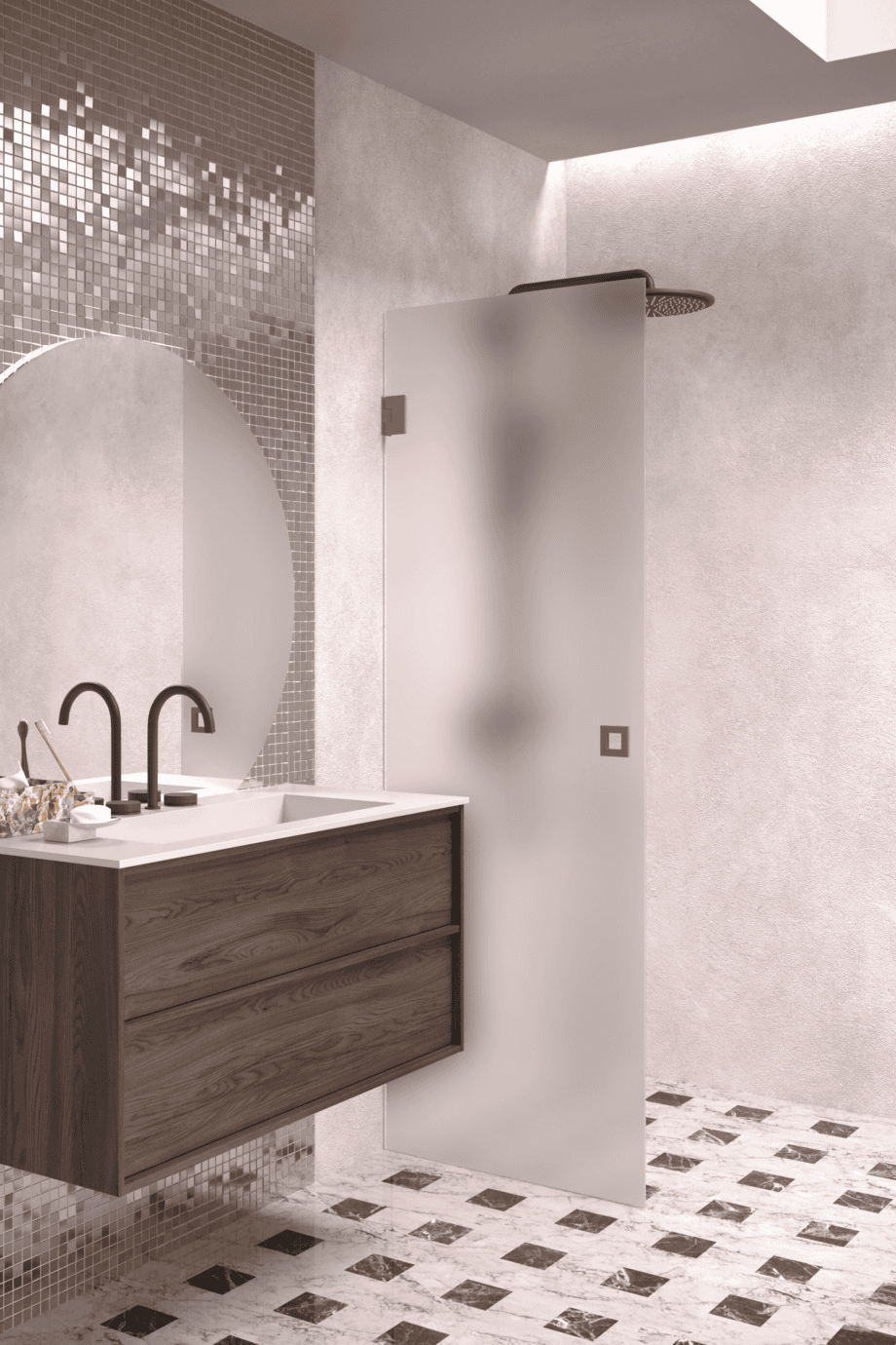 Hinged shower door Hietakari Vetro 512, Mocha fittings, satin frosted glass