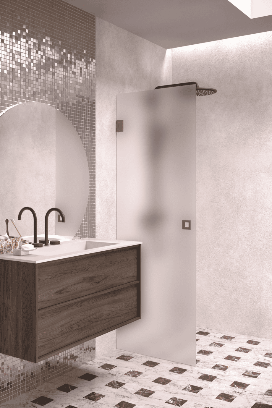 Hinged shower door Hietakari Vetro 512, Mocha fittings, super bright satin glass