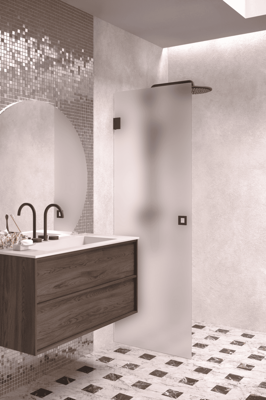 Hinged shower door Hietakari Vetro 512, black fittings, super bright satin glass