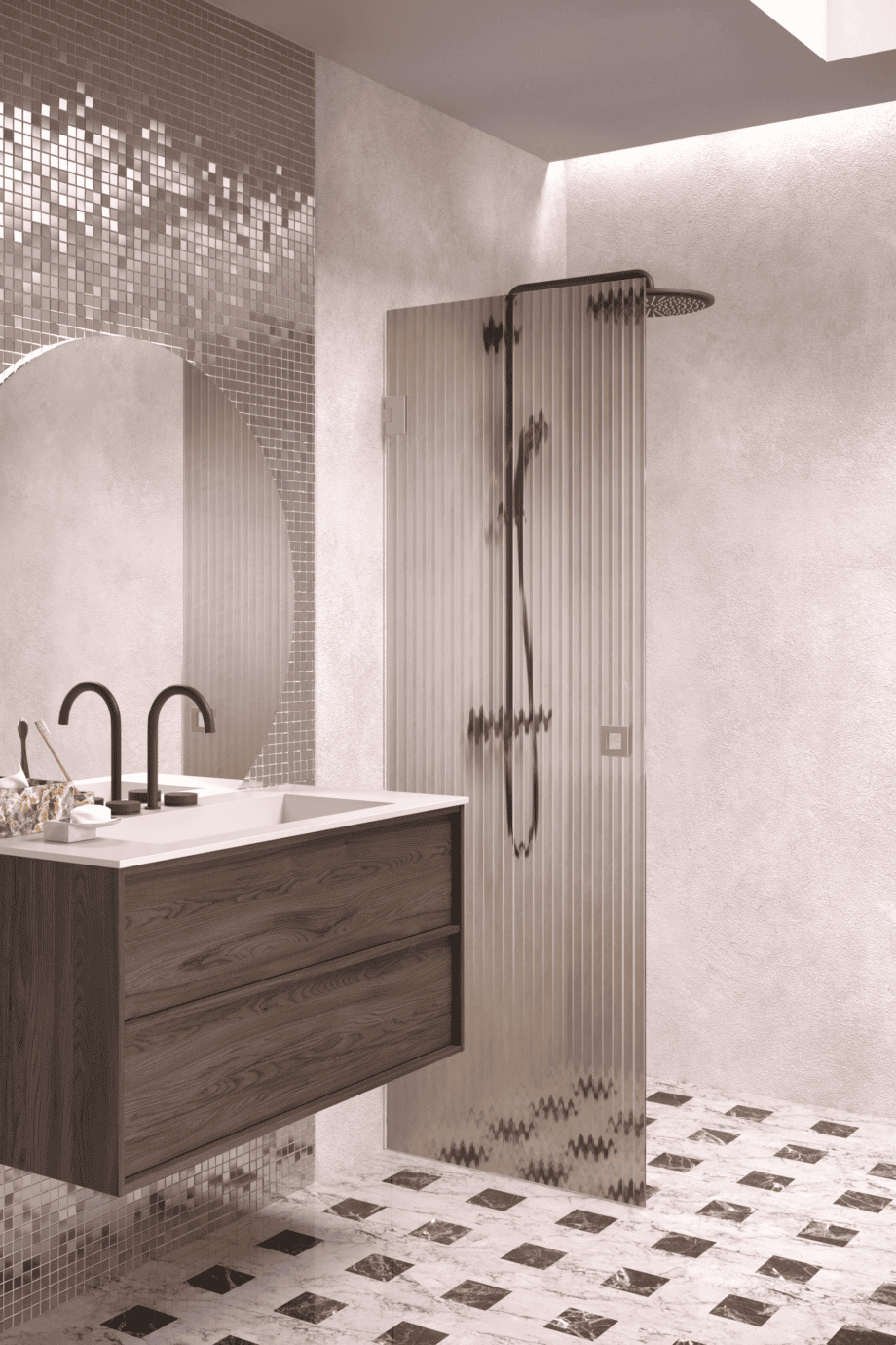 Hinged shower door Hietakari Vetro 512, Sand fittings, brown reeded glass