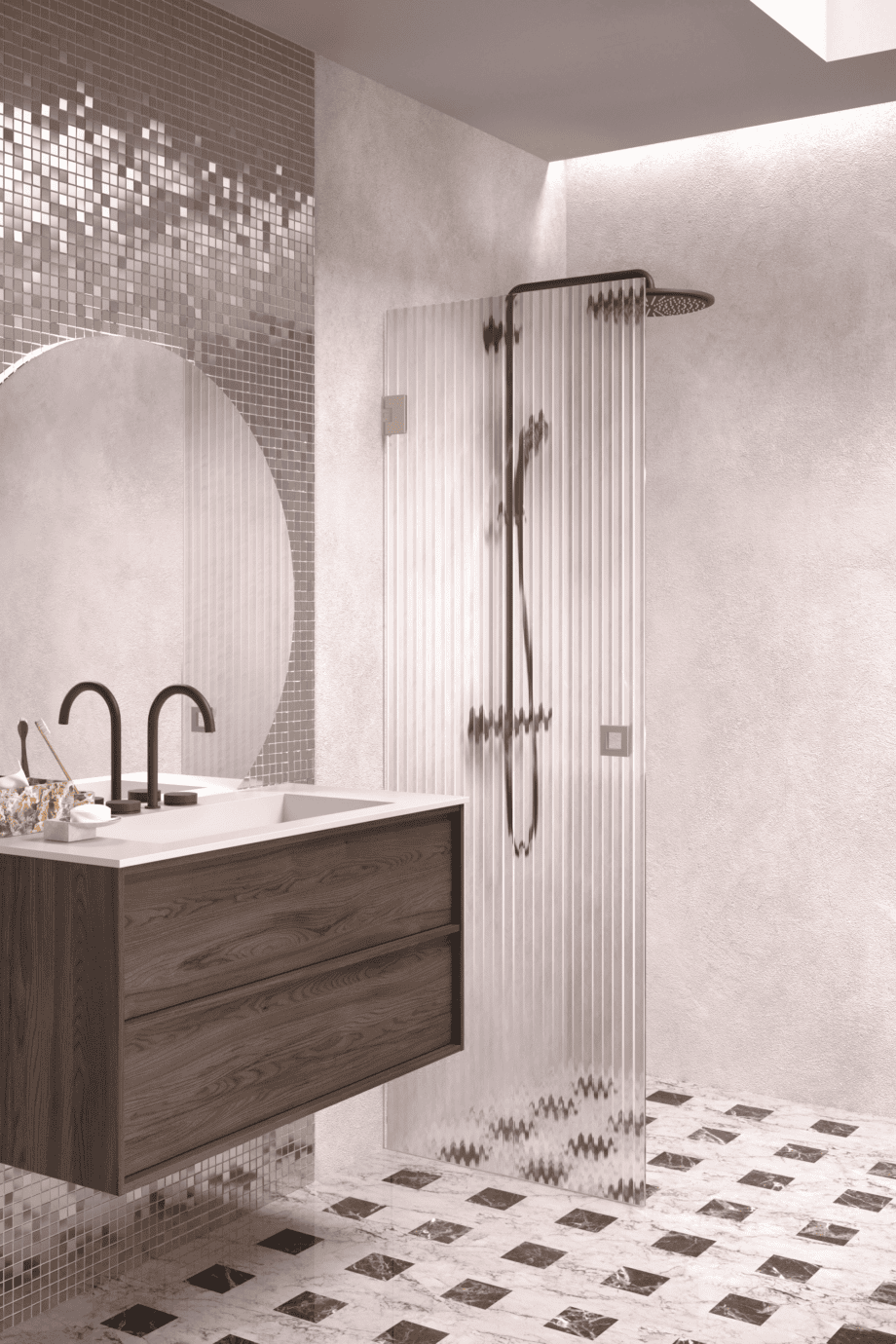 Hinged shower door Hietakari Vetro 512, Sand fittings, reeded glass