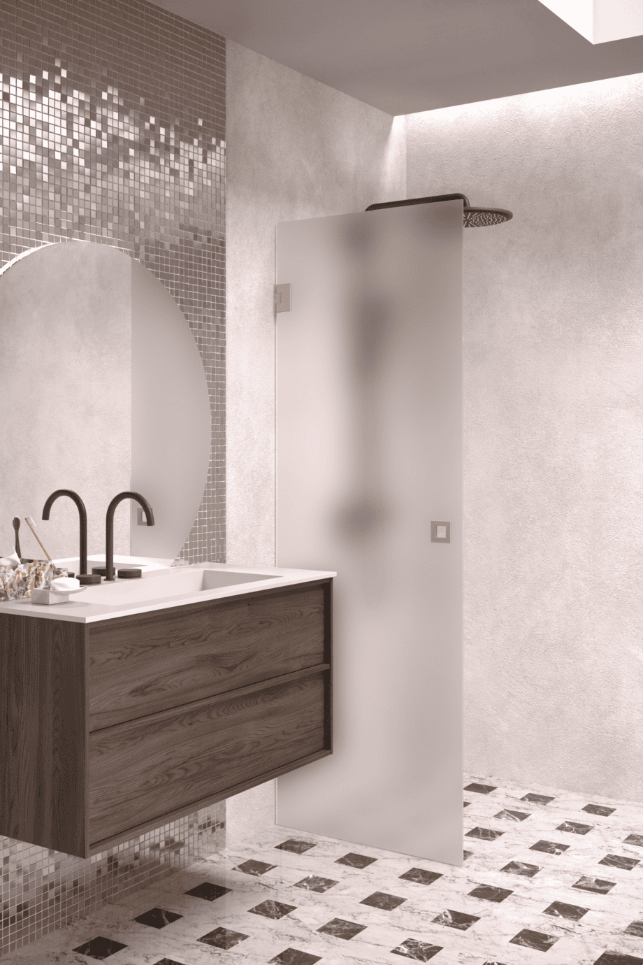 Hinged shower door Hietakari Vetro 512, Sand fittings, satin frosted glass