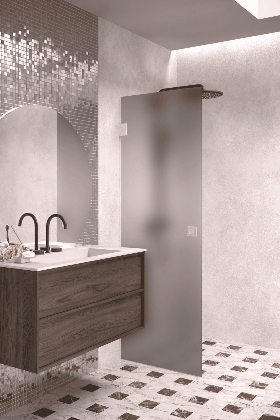 Hinged shower door Hietakari Vetro 512, white fittings, grey satin glass
