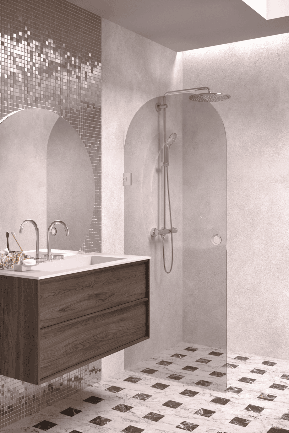 Arched hinged shower door Hietakari Vetro 519, chrome fittings, grey tinted glass