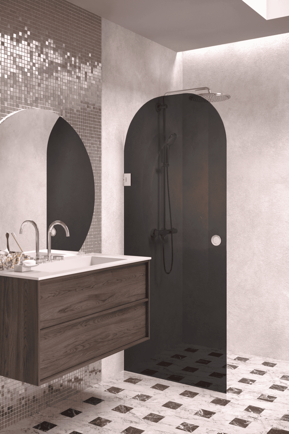 Arched hinged shower door Hietakari Vetro 519, chrome fittings, black glass