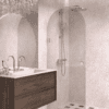 Arched hinged shower door Hietakari Vetro 519, brass fittings, bronze tinted glass