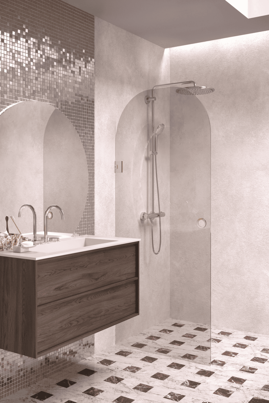 Arched hinged shower door Hietakari Vetro 519, brass fittings, bronze tinted glass