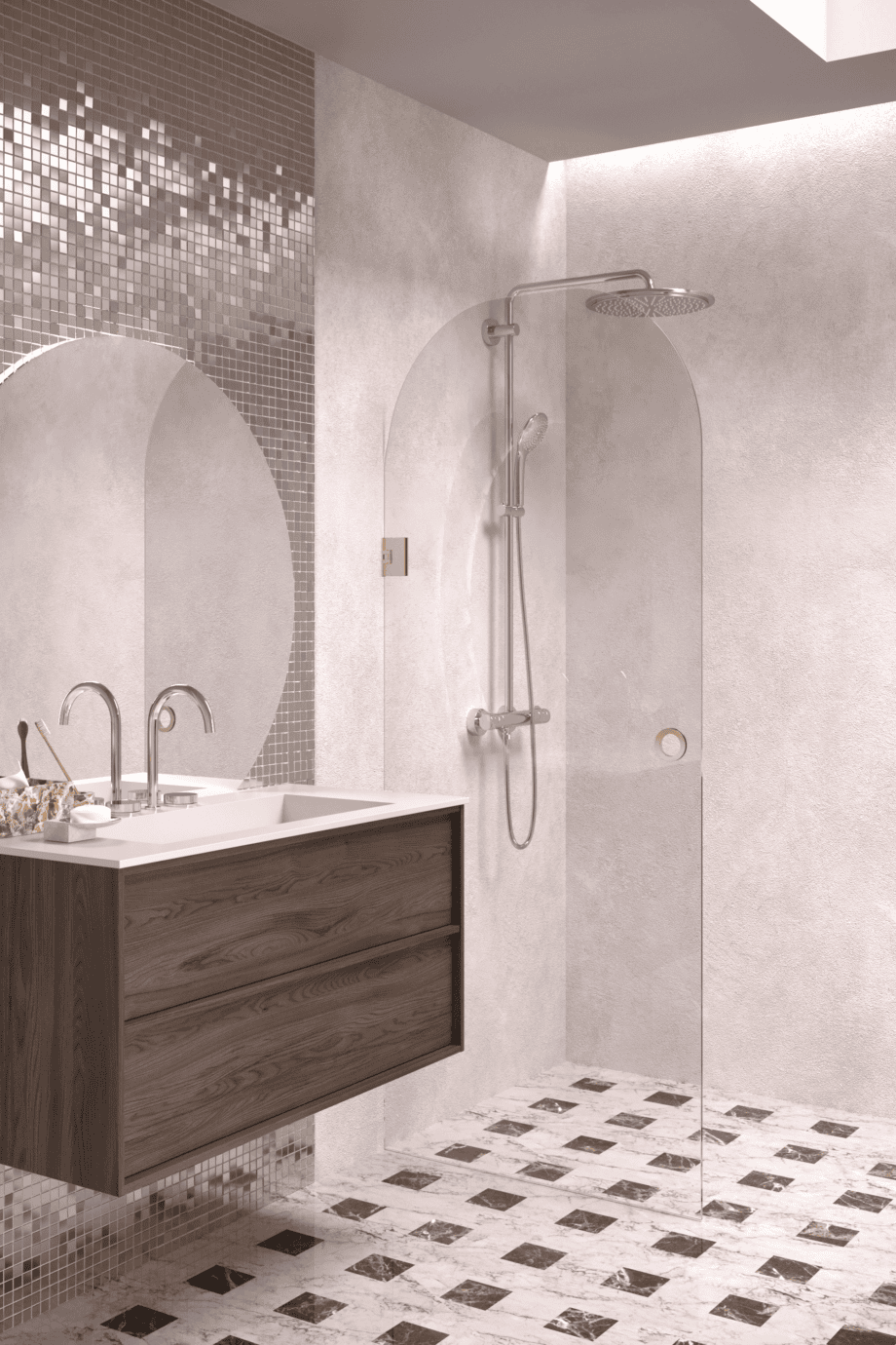Arched hinged shower door Hietakari Vetro 519, brass fittings, super bright glass