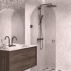 Arched hinged shower door Hietakari Vetro 519, black fittings, grey tinted glass