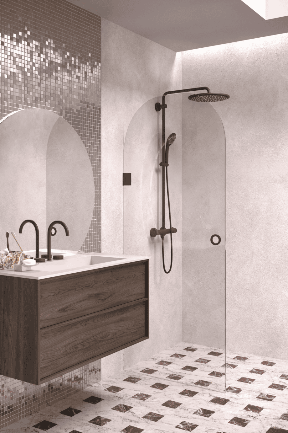 Arched hinged shower door Hietakari Vetro 519, black fittings, clear glass
