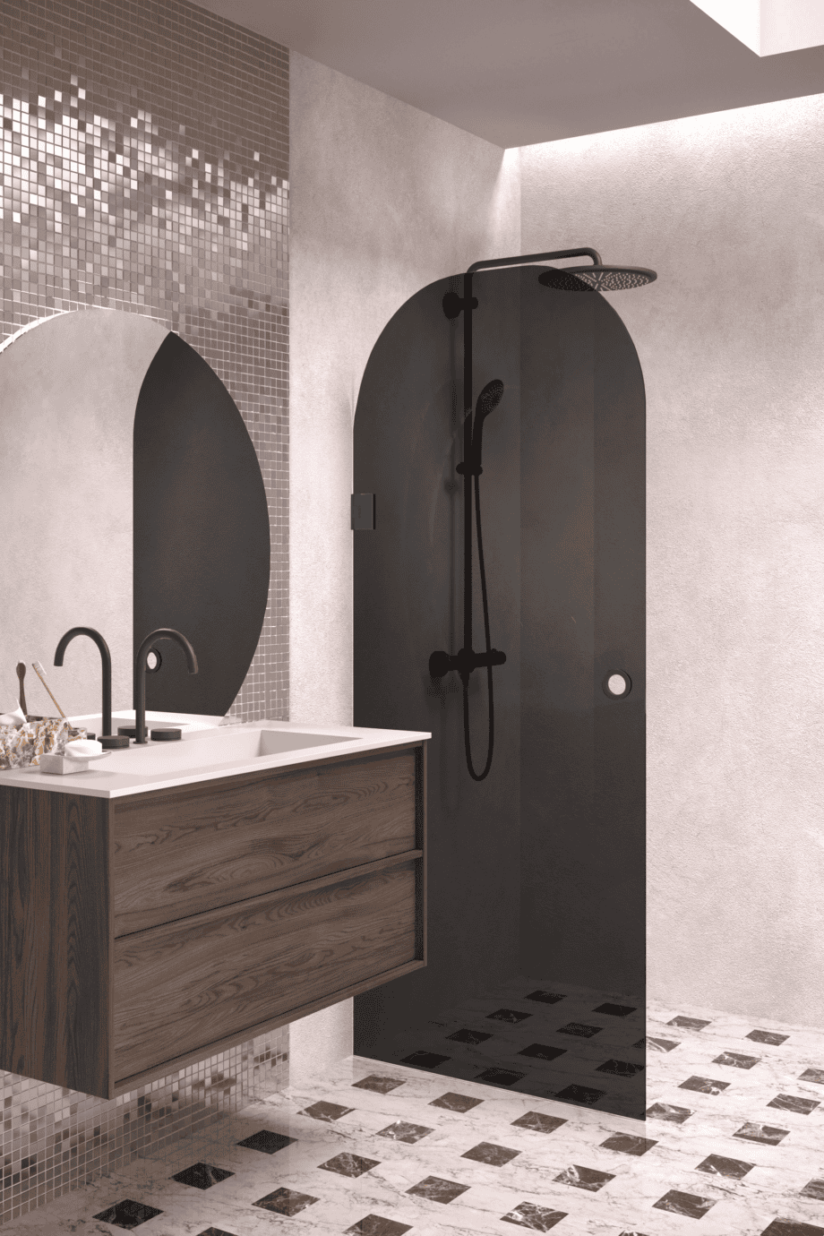 Arched hinged shower door Hietakari Vetro 519, black fittings, black glass
