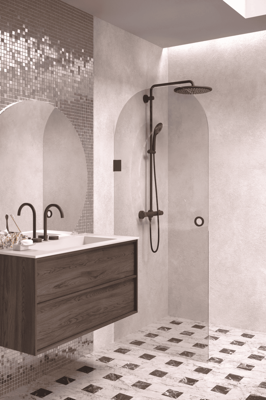 Arched hinged shower door Hietakari Vetro 519, black fittings, bronze tinted glass