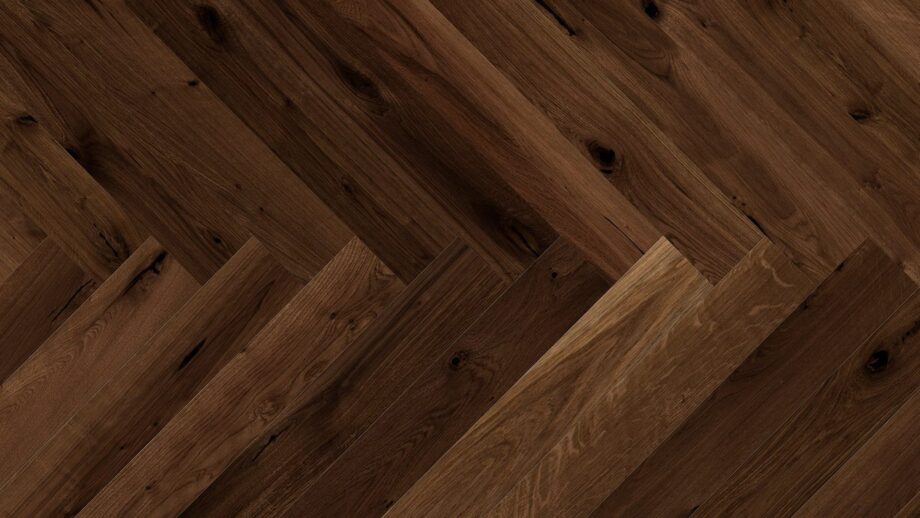 Herringbone floor Smoked Oak beveled, brushed, matt lacquered Herringbone floor Smoked Oak beveled, brushed, matt lacquered