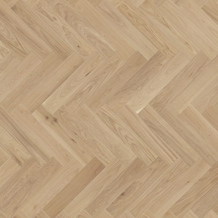 Herringbone parquet oak, Tarkett, Segno Oak Blonde, brushed, beveled, hardwax oil, left modular
