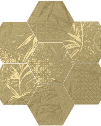 Hexagonal porcelain tile with tropical leaf pattern Dune Magnet Tropic Gold, 15x17 cm, 8 mm, gold