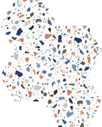Hexagonal terrazzo-pattern porcelain floor tile Dune Chicago Terrazo, 21.5x25 cm, 9 mm, white with coloured spots, R10
