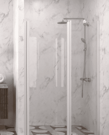 Hinged shower door with fixed part and wall magnet Hietakari Infinia 235, white frame, clear glass
