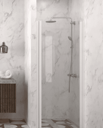 Hinged shower door with wall magnet Hietakari Infinia 233, white frame, clear glass