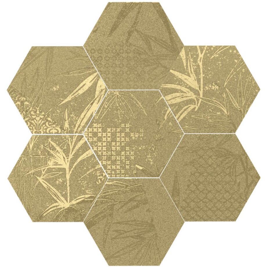 188604-1 Kuusnurkne troopilise taimemustriga portselanplaat Dune Magnet Tropic Gold, 15x17 cm, 8 mm, kuldne