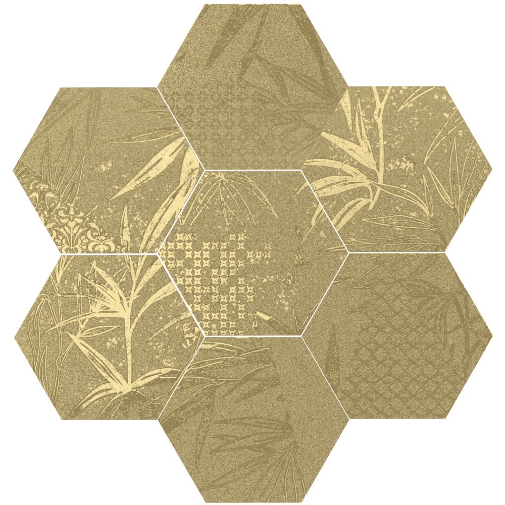 Kuusnurkne troopilise taimemustriga portselanplaat Dune Magnet Tropic Gold, 15x17 cm, 8 mm, kuldne