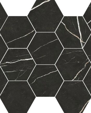 Marble-effect hexagon porcelain mosaic tile Tau Elite Black Hex, 32.5x22.5 cm, black