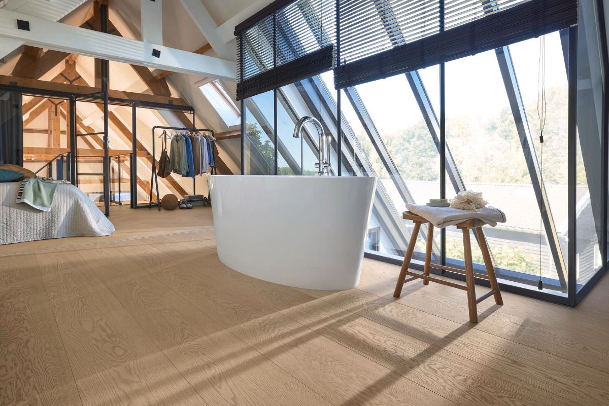 Oak parquet Meister, Lindura HD 400, Natural sand grey oak 20224, 1-strip, 2200 x 270 mm, brushed, ultra matt lacquered
