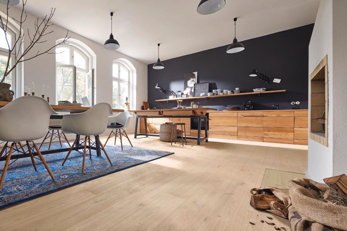 Oak parquet Meister, Longlife PD 400, Authentic limed white oak 09003, 1-strip, 2200 x 180 mm, brushed, ultra matt lacquered
