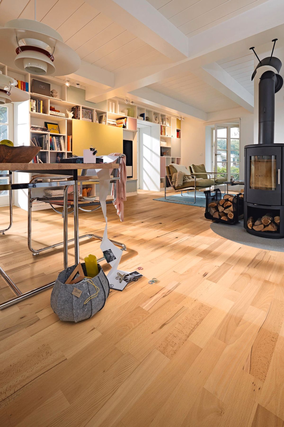 Beech parquet Meister, Longlife PC 200, Steamed beech lively 09046, 3-strip, 2400 x 200 mm, brushed, ultra matt lacquered