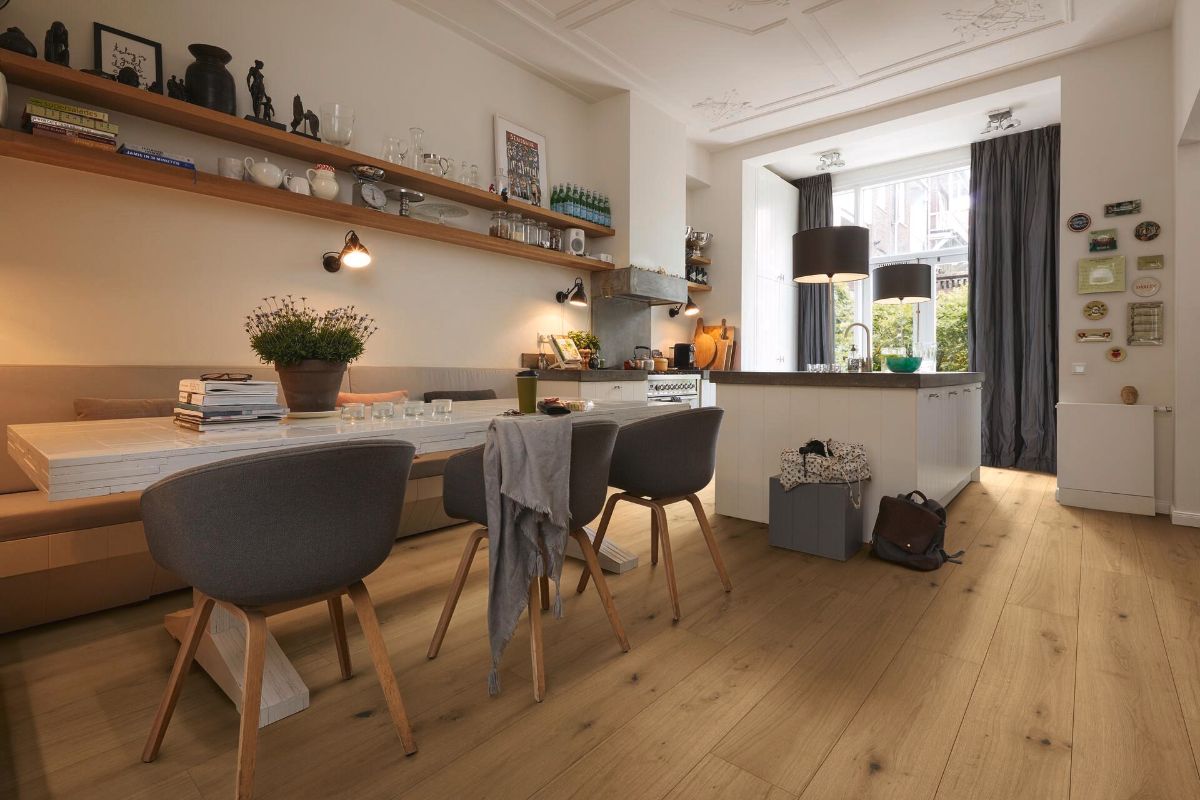 Oak parquet Meister, Longlife PD 450, Greige oak lively 09049, 1-strip, 2400 x 255 mm, brushed, ultra matt lacquered
