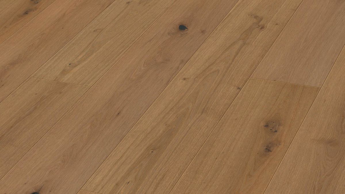 Oak parquet Meister, Longlife PD 450, Greige oak lively 09049, 1-strip, 2400 x 255 mm, brushed, ultra matt lacquered