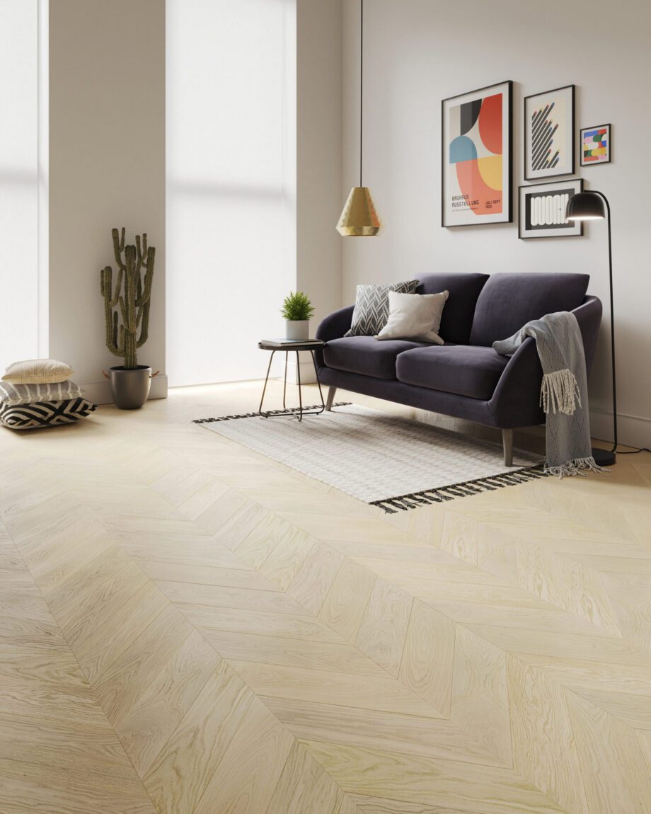 Oak Chevron Parquet Esta Nordic S Linen extra matt lacquered – close-up Oak Chevron Parquet Esta Nordic S Linen extra matt lacquered – 3