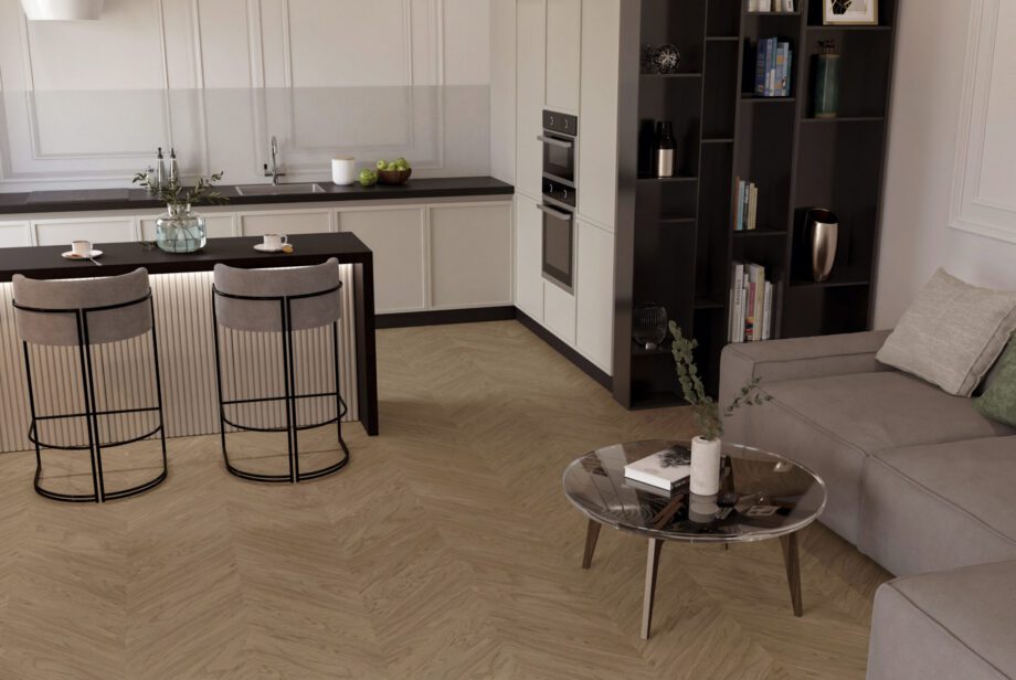 Oak Chevron Parquet Esta Nova Eco Elite Sandstone extra matt lacquered – in an interior Oak Chevron Parquet Esta Nova Eco Elite Sandstone extra matt lacquered – 3