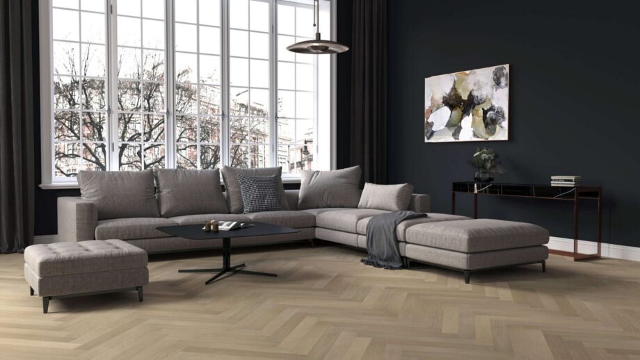 Oak Herringbone Parquet Esta AB Sandstone extra matt lacquered – close-up Oak Herringbone Parquet Esta AB Sandstone extra matt lacquered – 2