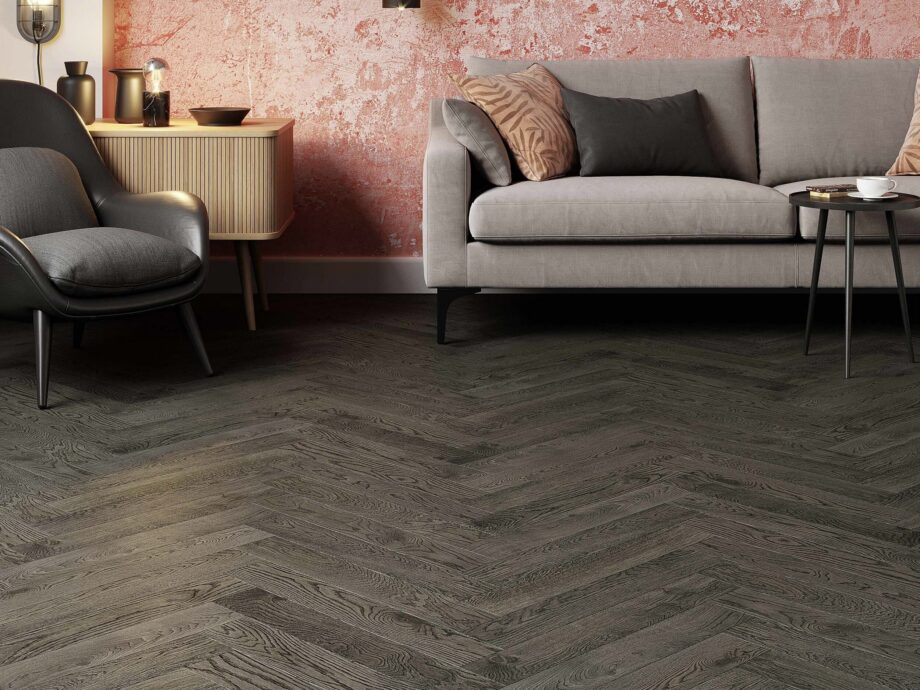 Oak Herringbone Parquet Esta BC Lava Grey extra matt lacquered – close-up Oak Herringbone Parquet Esta BC Lava Grey extra matt lacquered – 3