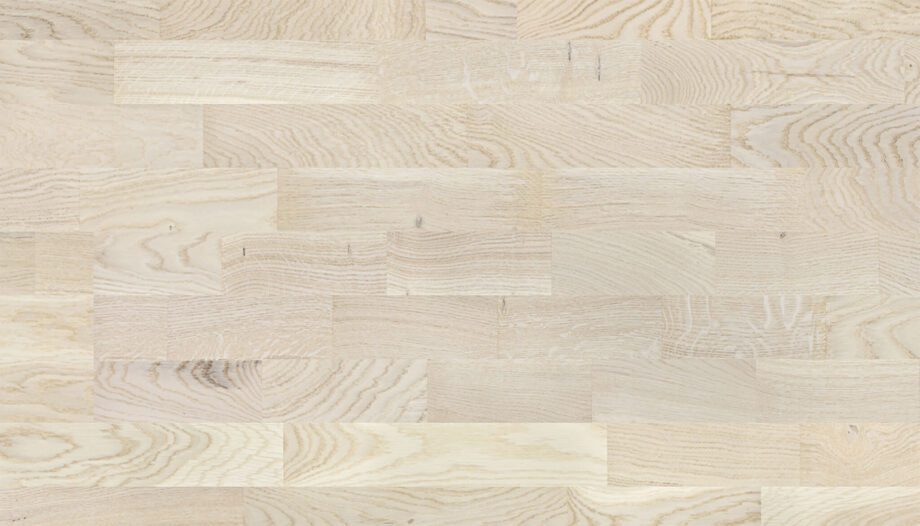 Oak Parquet Flooring 3-Strip Esta Promo White extra matt lacquered – close-up Oak Parquet Flooring 3-Strip Esta Promo White extra matt lacquered – 2