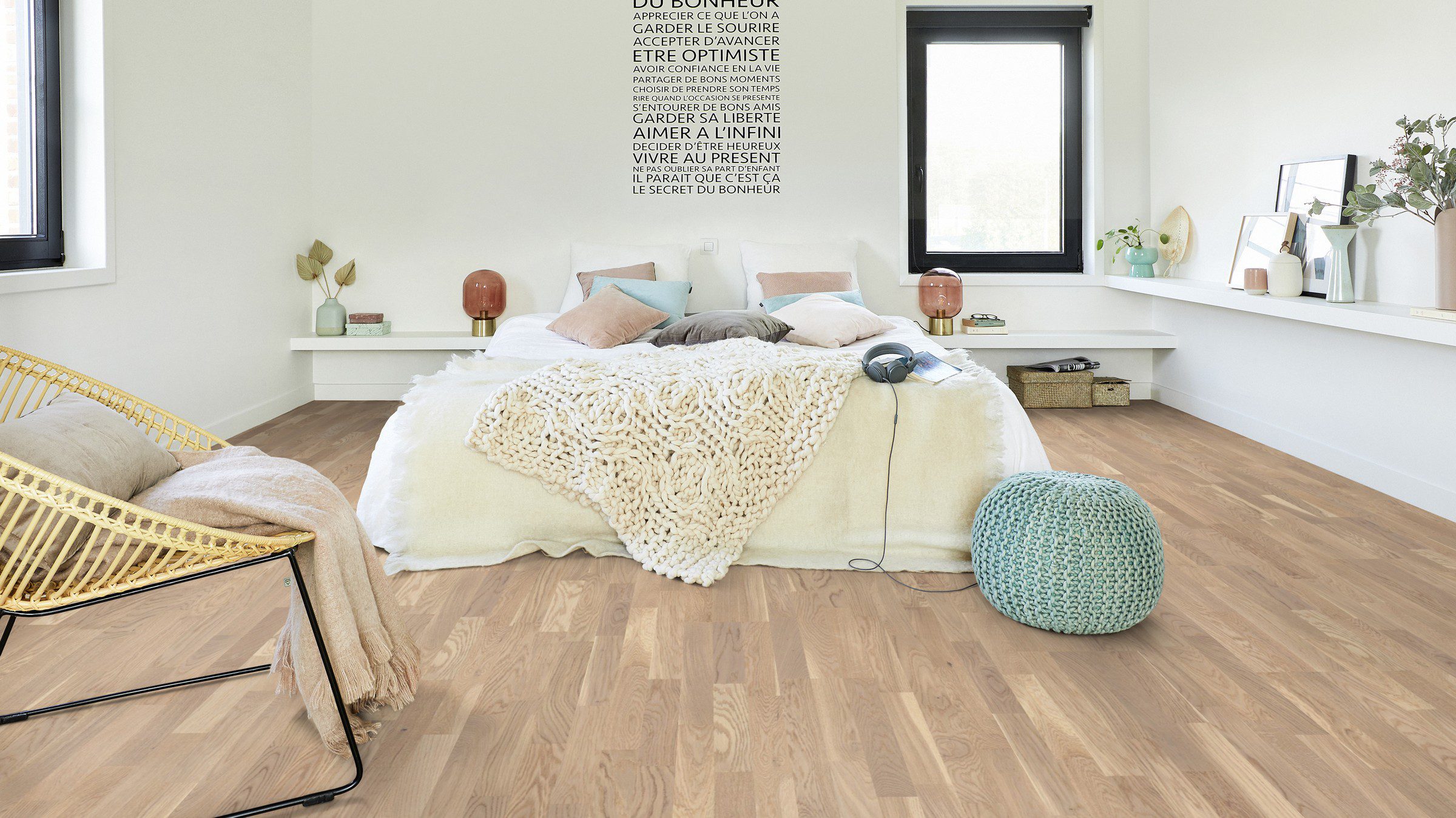Parquet Tarkett, Shade, Oak Cream White TreS, 3-strip, stained, Proteco Natura mat lacquer – 3