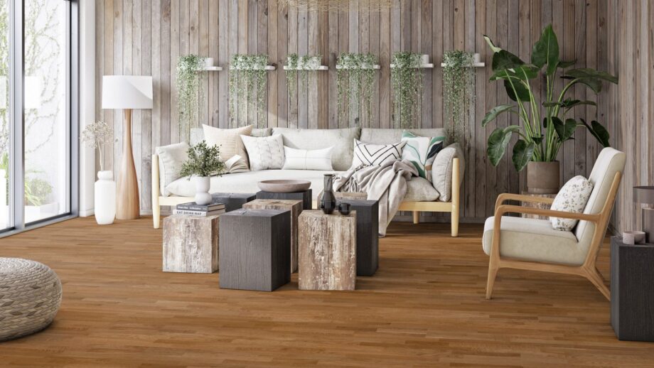 Parquet Tarkett, Shade, Oak Almond TreS, 3-strip, brushed, stained, Proteco Natura mat lacquer