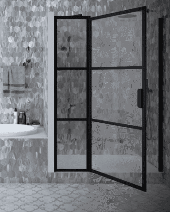 Hinged shower door with fixed part and wall magnet Hietakari Bläk 791 Tokyo