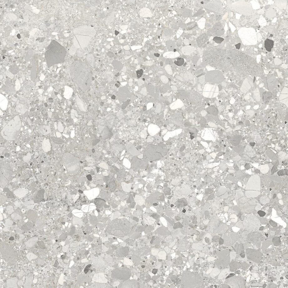 Terrazzo effect matt porcelain floor tile Tau Clemon Silver, 60x60 and 60x120 cm, silver grey, R10, rectified