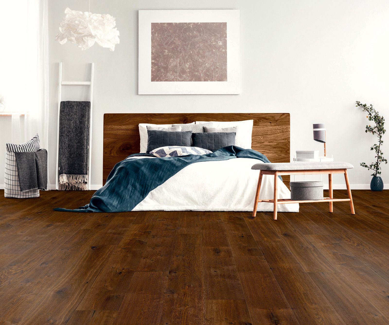 Oak parquet Thede & Witte Boston XL, Darkbrown, knotty, smoked, handscraped, oiled, 1-strip, 2200 x 260 x 15 mm