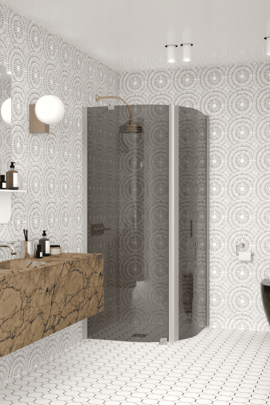 Curved shower enclosure Hietakari Infinia 265, aluminium frame, grey tinted glass Curved shower enclosure Hietakari Infinia 265, aluminium frame, grey tinted glass
