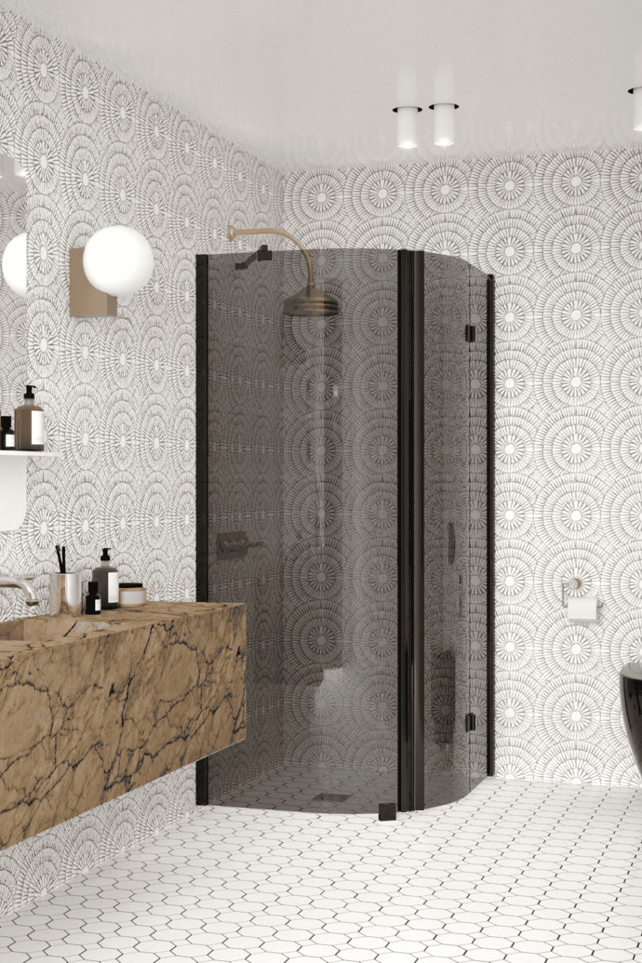 Curved shower enclosure Hietakari Infinia 266, black frame, grey tinted glass Curved shower enclosure Hietakari Infinia 266, black frame, grey tinted glass